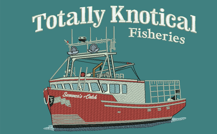 Embroidery digitizing sample: a red and white fishing trawler above the wordmark “Totally Knotical Fisheries”.