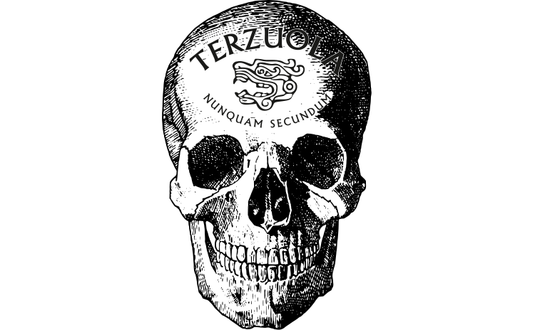 Vector artwork sample: a finely stippled human skull with the motto “Terzuola - Nunquam Secundus”.
