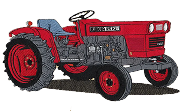 Digitized embroidery of a red vintage farm tractor, shown in three-quarter view.