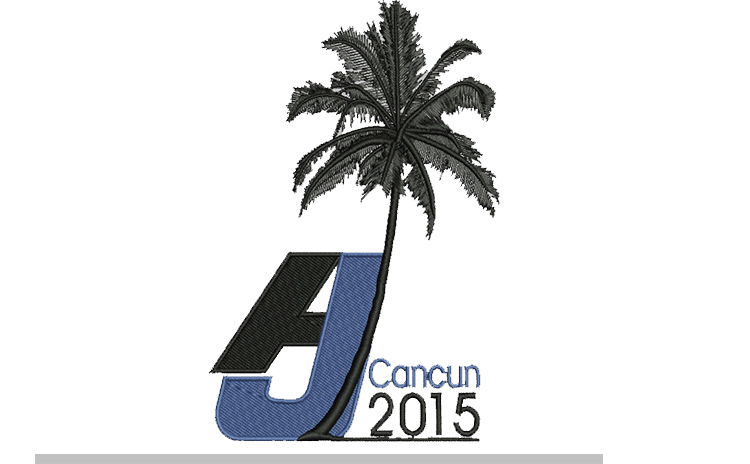 Embroidery digitizing sample: a palm tree beside a stylised monogram, lettered “Cancun 2015”.