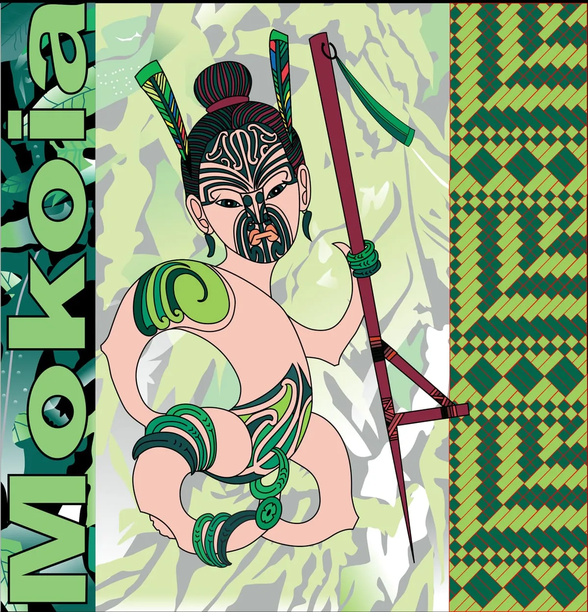 Vector artwork of a Māori warrior illustration, redrawn as flat scalable shapes.